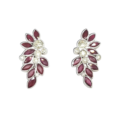 Diamond Berry Ruby Leaf Earrings