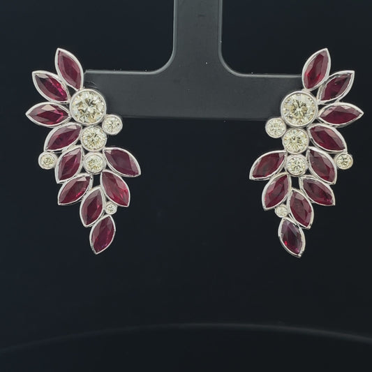 Diamond Berry Ruby Leaf Earrings