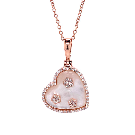 Heart Shape Mother of Pearl and Diamond Pendant in 14K Rose, Yellow, or White Gold