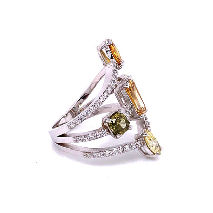 Unique Triple Row Fancy Diamond Statement Ring in 18K White Gold