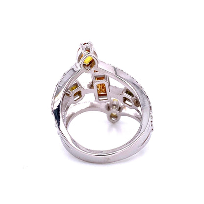 Unique Triple Row Fancy Diamond Statement Ring in 18K White Gold