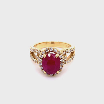 Oval Ruby and Halo Diamond Ring in 18K Yellow Gold