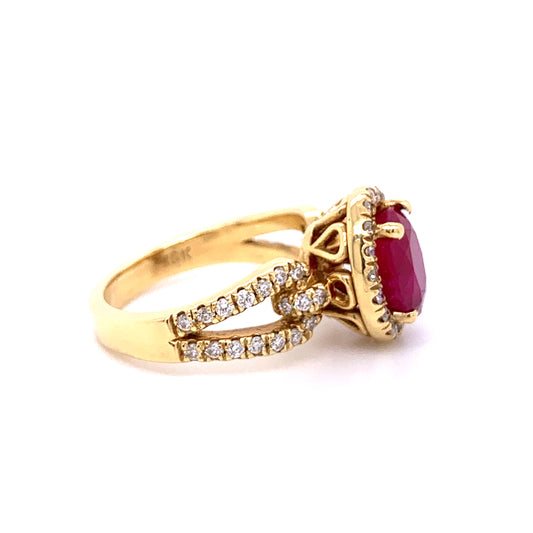 Oval Ruby and Halo Diamond Ring in 18K Yellow Gold