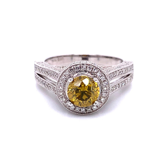 Fancy Yellow Diamond Engagement Ring in 14K White Gold