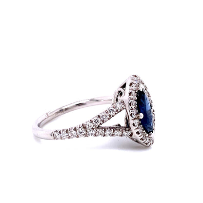 Marquise Sapphire Halo Diamond Ring in 14K White Gold
